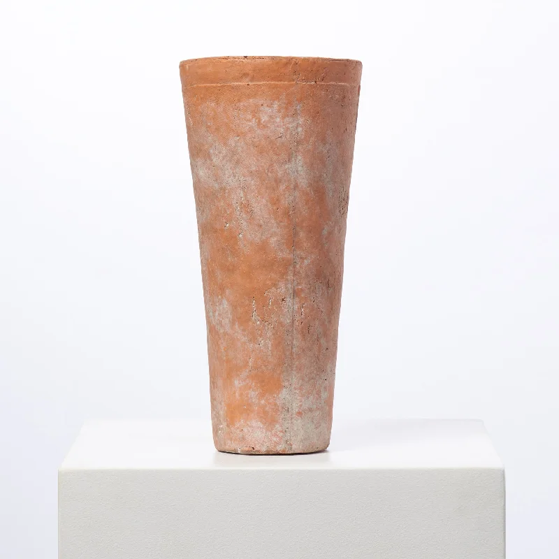 geometric wooden flower vase for home centerpieces -Tall Aged Terracotta Clay Planter Tapered Cylinder Flower Pot Vase