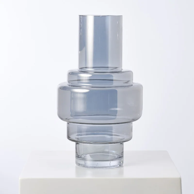 geometric flower vase for contemporary home decor -Tiered Modern Fluted Stacked Smoke Large Glass Vase