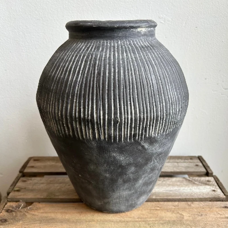 unique handmade ceramic flower vase for office -Vertical Lined Stone Vase