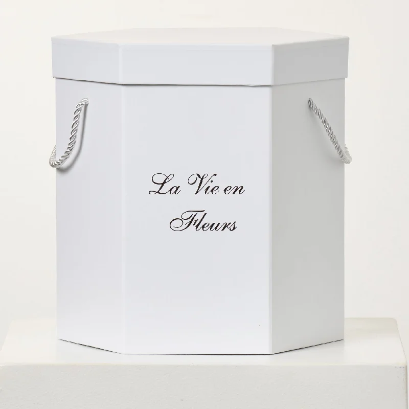 unique flower vase for home centerpiece -White "La Vie En Fleurs" Hexagonal Florist Hat Box with Lid