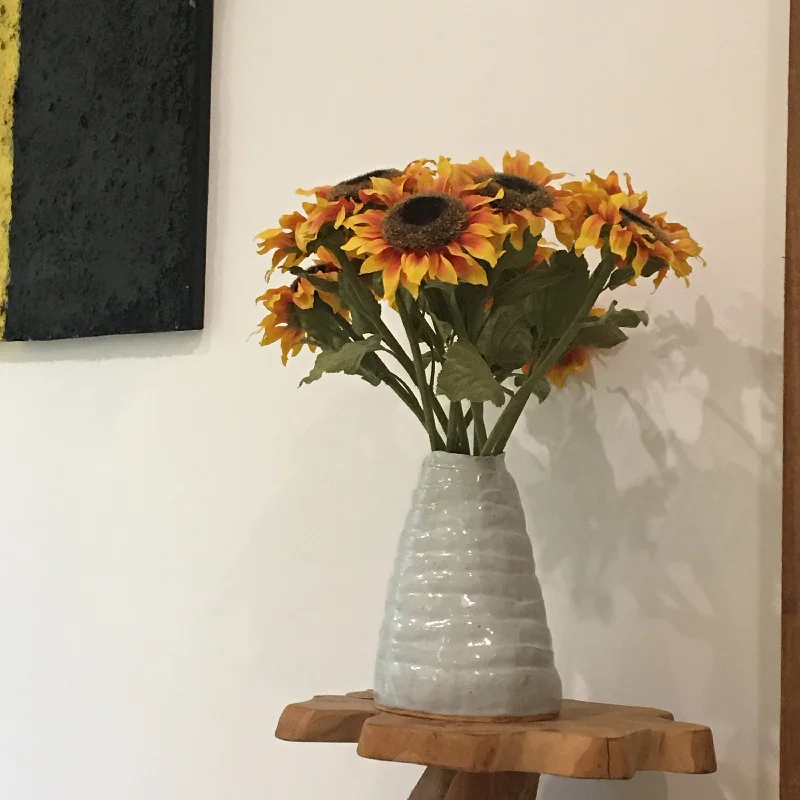 handmade tall geometric flower vase for living room -Stripe vase in Off White with little speckle