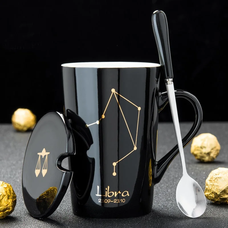 funny office mugs -12 Constellations Creative Ceramic Mugs with Spoon Lid Black and Gold Porcelain Zodiac Milk Coffee Cup 420ML Water Drinkware