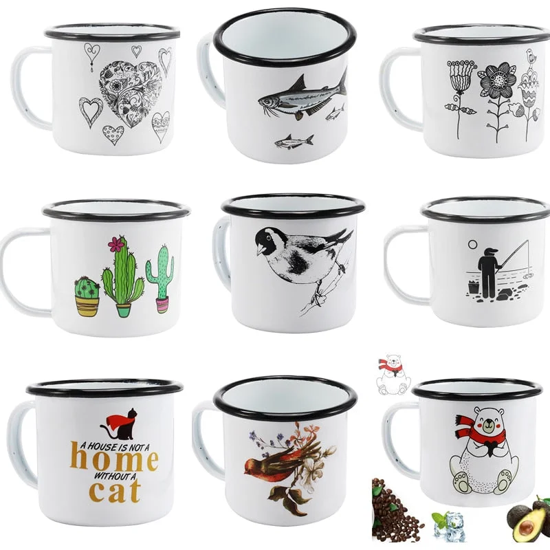 outdoor insulated mug -350 ml Enamel Coffee Mug Creative Animal Plant Breakfast Cup Black Roll Rim with Handgrip Milk Tea Cup