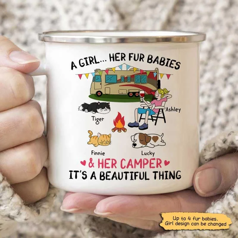 white coffee mug -A Camping Girl And Her Fur Babies Personalized Campfire Mug