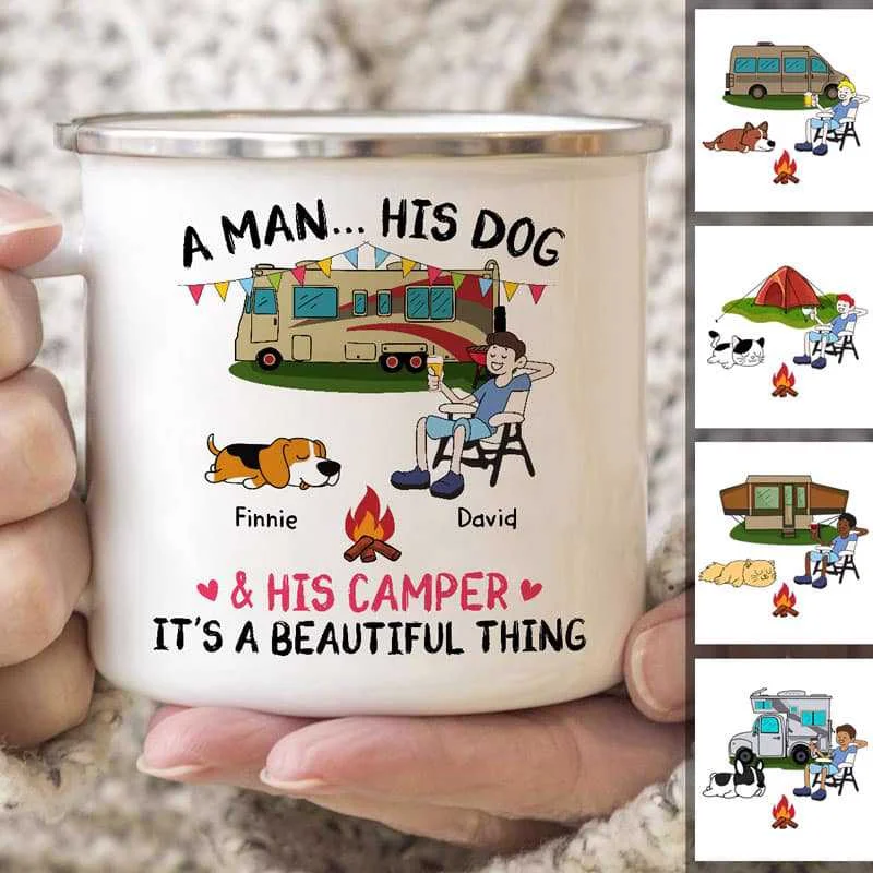 new coffee mug designs -A Camping Man And His Fur Babies Personalized Campfire Mug