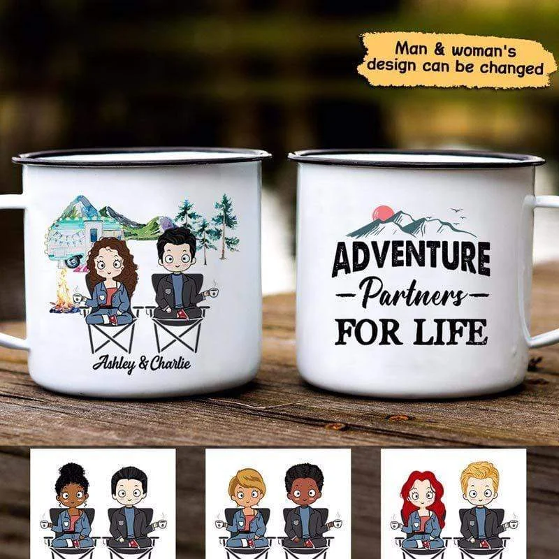 insulated coffee mug -Adventure Partners For Life Chibi Couple Personalized Campfire Mug