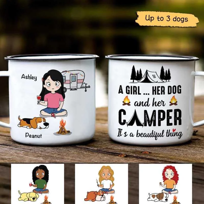 stainless steel travel mug -A Girl Her Dog Camper Beautiful Things Personalized Campfire Mug