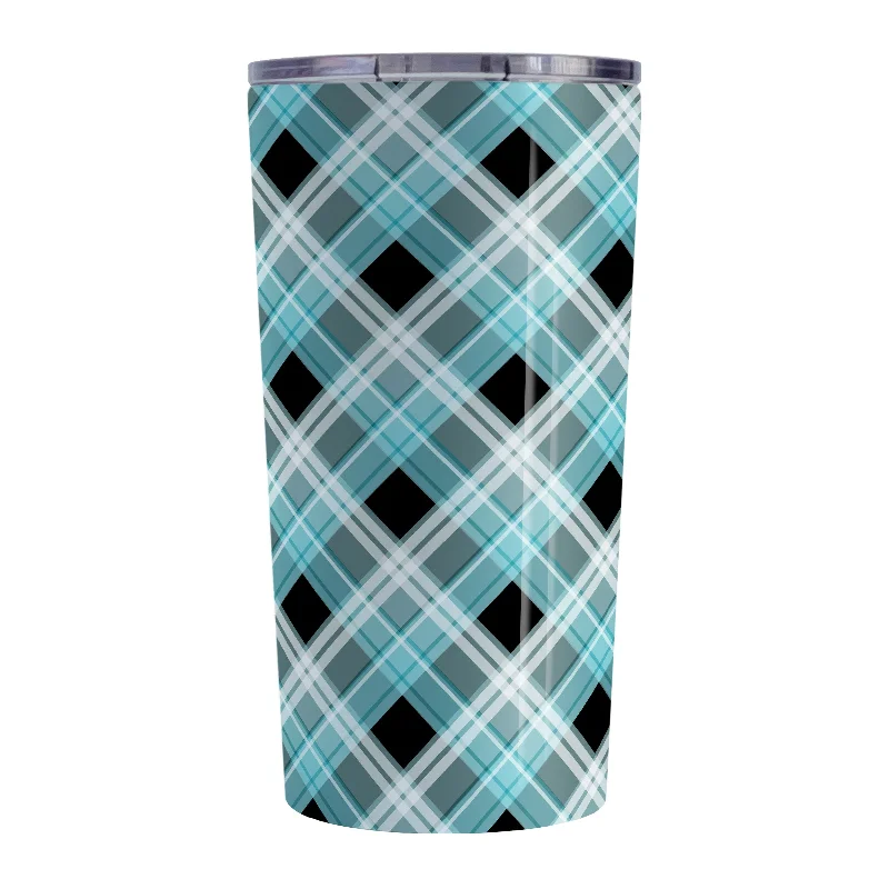 plain ceramic coffee mug -Alternative Black and Turquoise Plaid Tumbler Cup