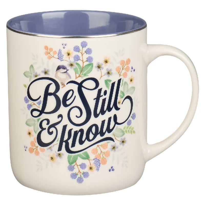 sleek travel coffee mug -Be Still & Know Floral Purple Interior Ceramic Mug - Ps. 46:10