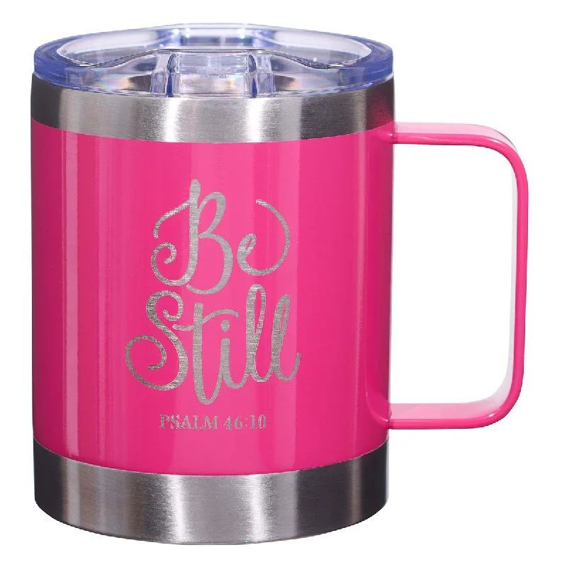 travel coffee mug for commuting -Be Still Pink Stainless Steel Camp Style Mug - Psalm 46:10