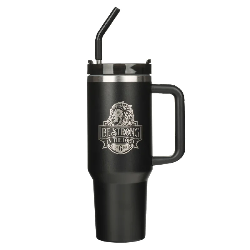 portable coffee mug for travel -Be Strong in the Lord Large Stainless Steel Travel Mug with Handle and Straw