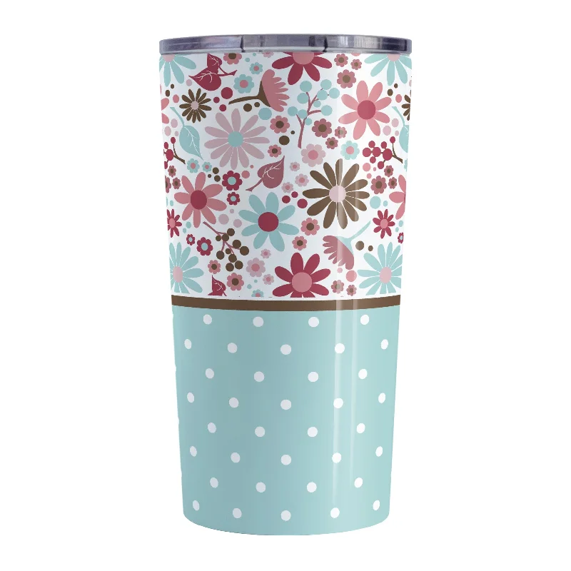 personalized holiday coffee mug -Berry Blue Summer Flowers Polka Dot Tumbler Cup