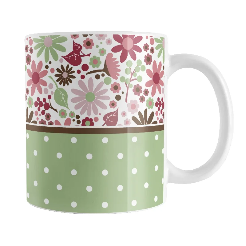 large ceramic tea mug -Berry Green Summer Flowers Polka Dot Mug