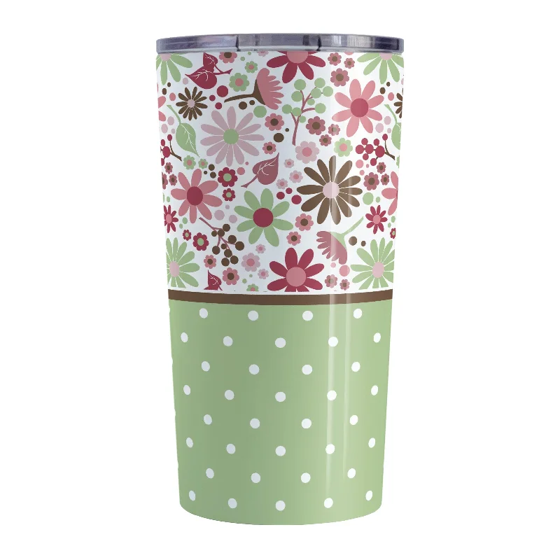 unique travel coffee cup -Berry Green Summer Flowers Polka Dot Tumbler Cup