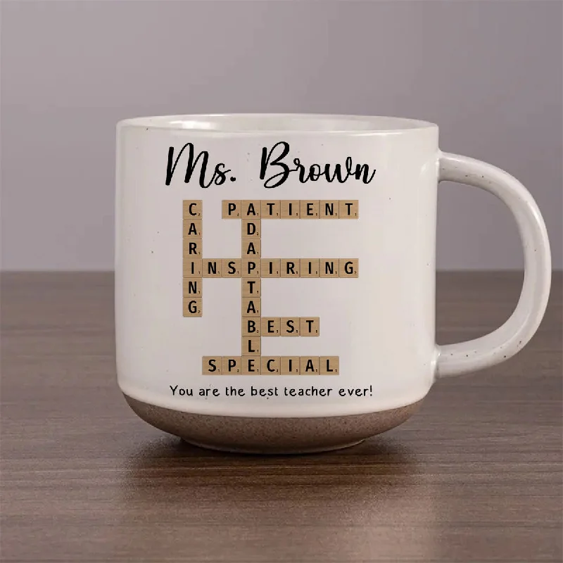 custom-made coffee mug -Best Teacher Coach Ever Crossword Art - Created In A Moment Personalized Pottery Mug