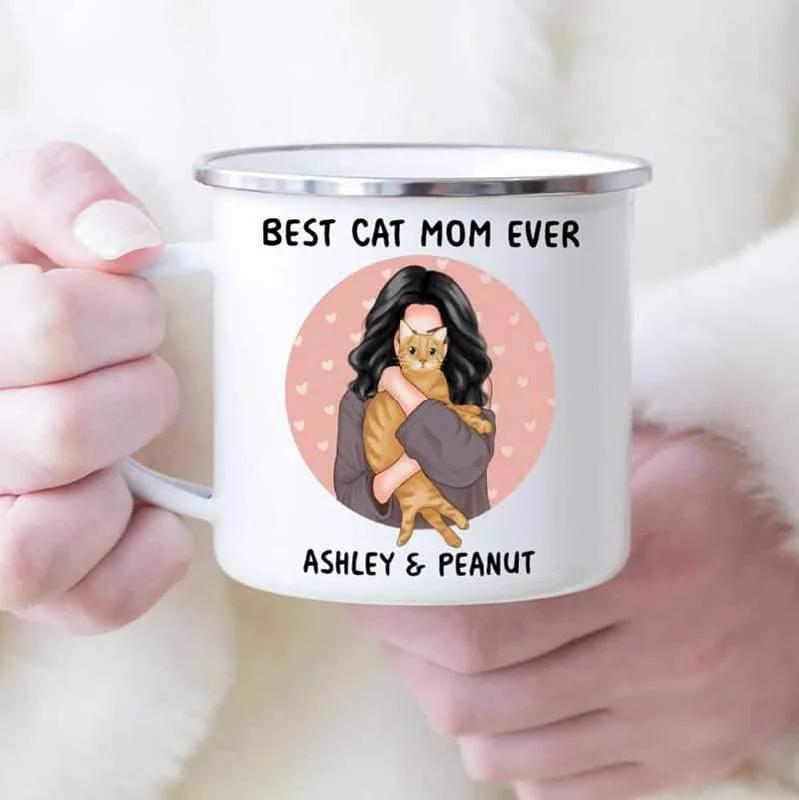 funny tea cup -Best Cat Mom Ever Hugging Cat Personalized Campfire Mug