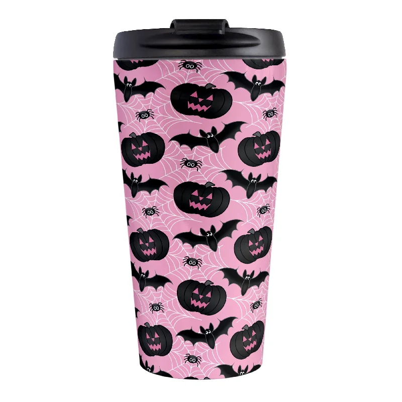 simple coffee mug -Black Pumpkins Bats and Spiders Pink Halloween Travel Mug