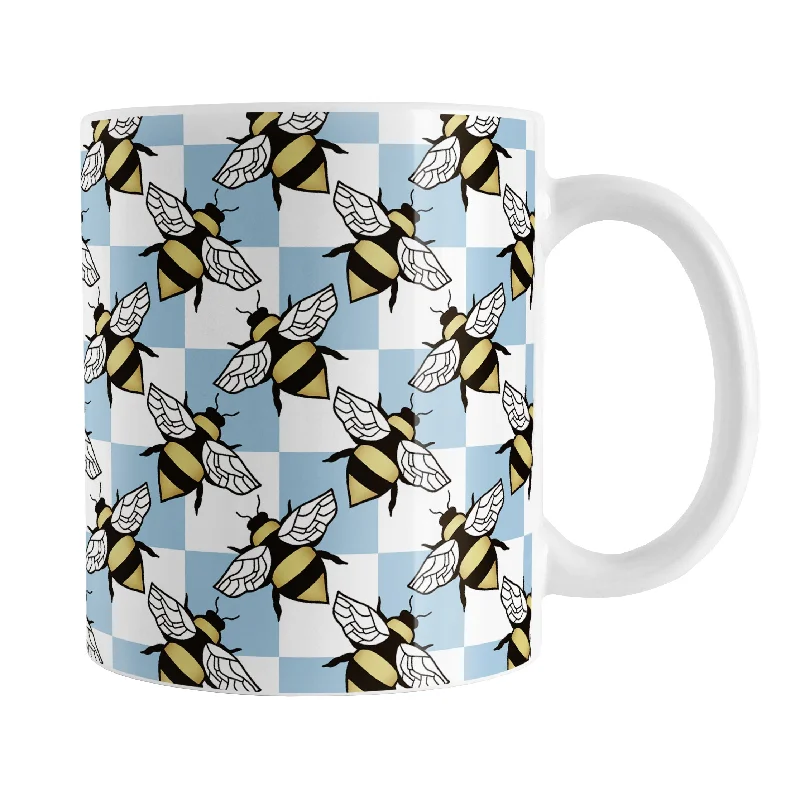 insulated coffee cup with lid -Blue Checkered Bee Mug