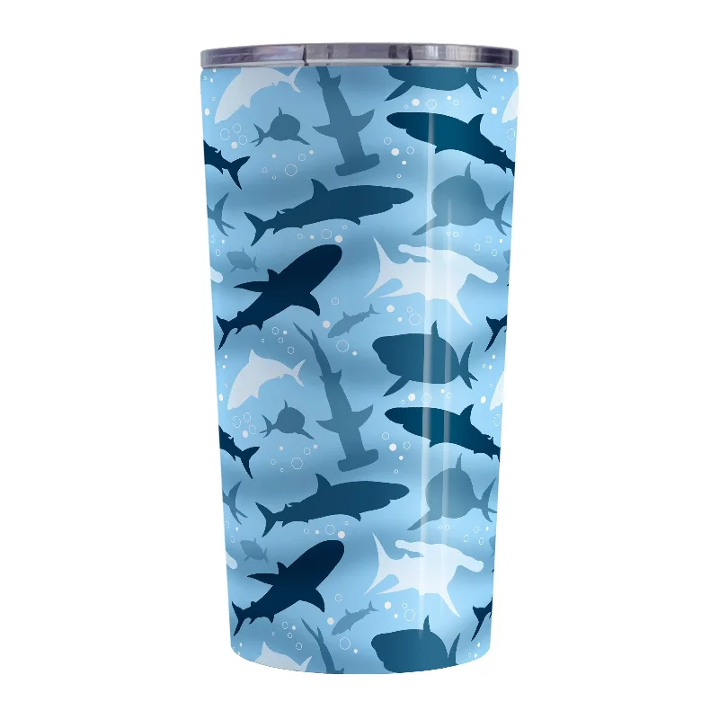 unique travel coffee cup -Blue Frenzy Sharks Tumbler Cup