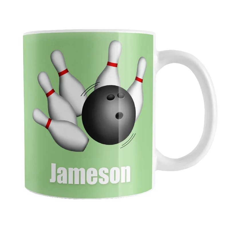 coffee cup with floral design -Personalized Bowling Ball and Pins Green - Bowling Mug