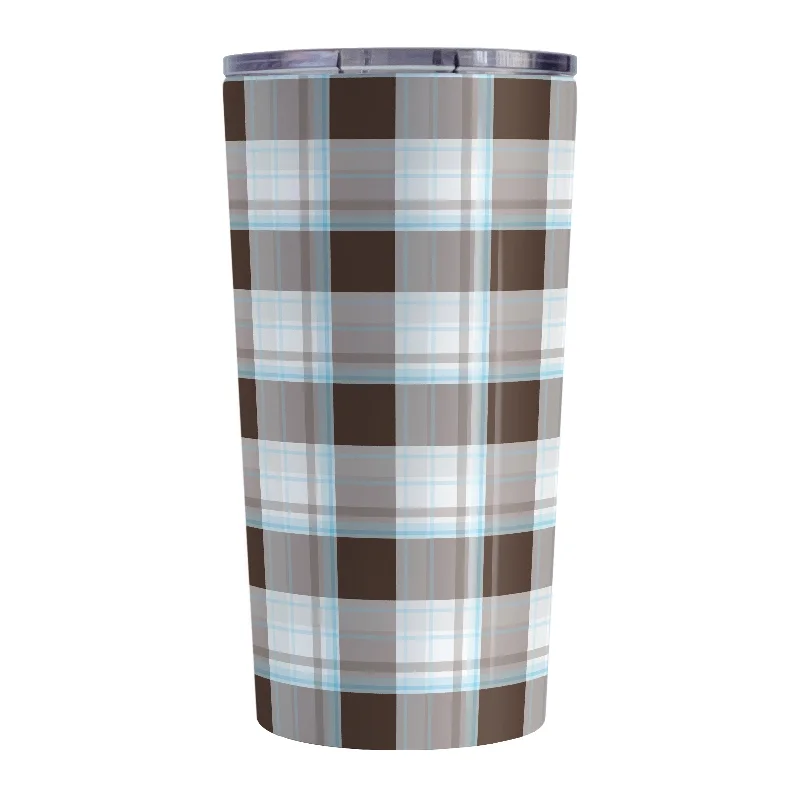 outdoor coffee mug -Brown Blue Plaid Tumbler Cup