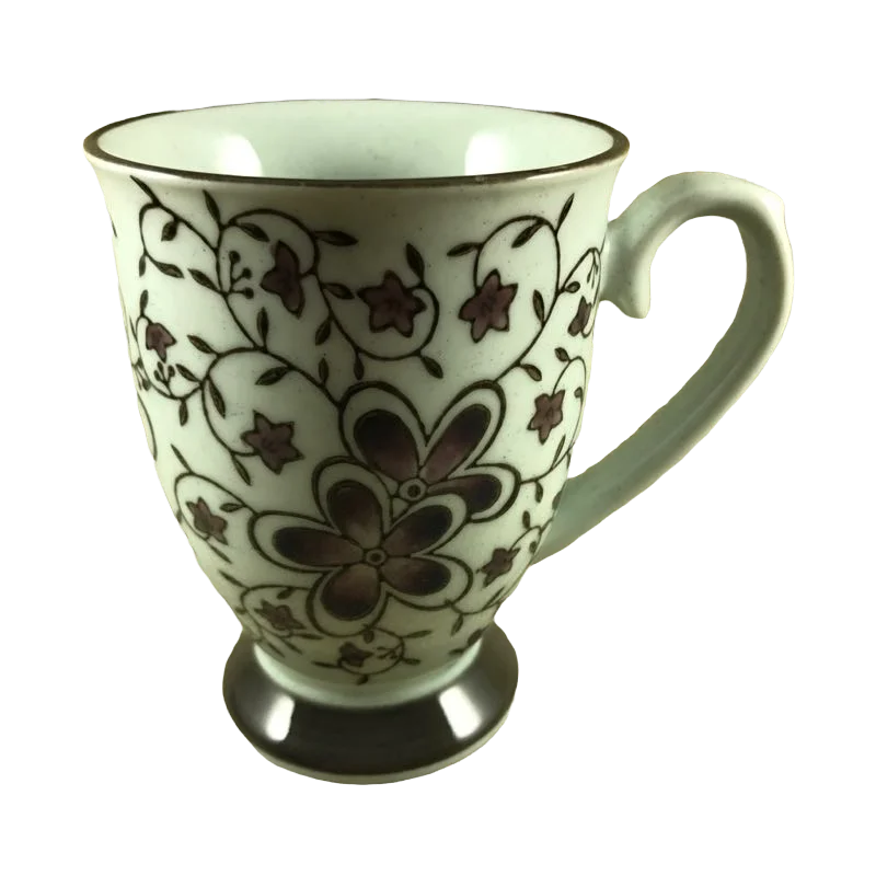 blue tea mug -Brown Flowers Pedestal With Fancy Handle And Brown Trim Mug