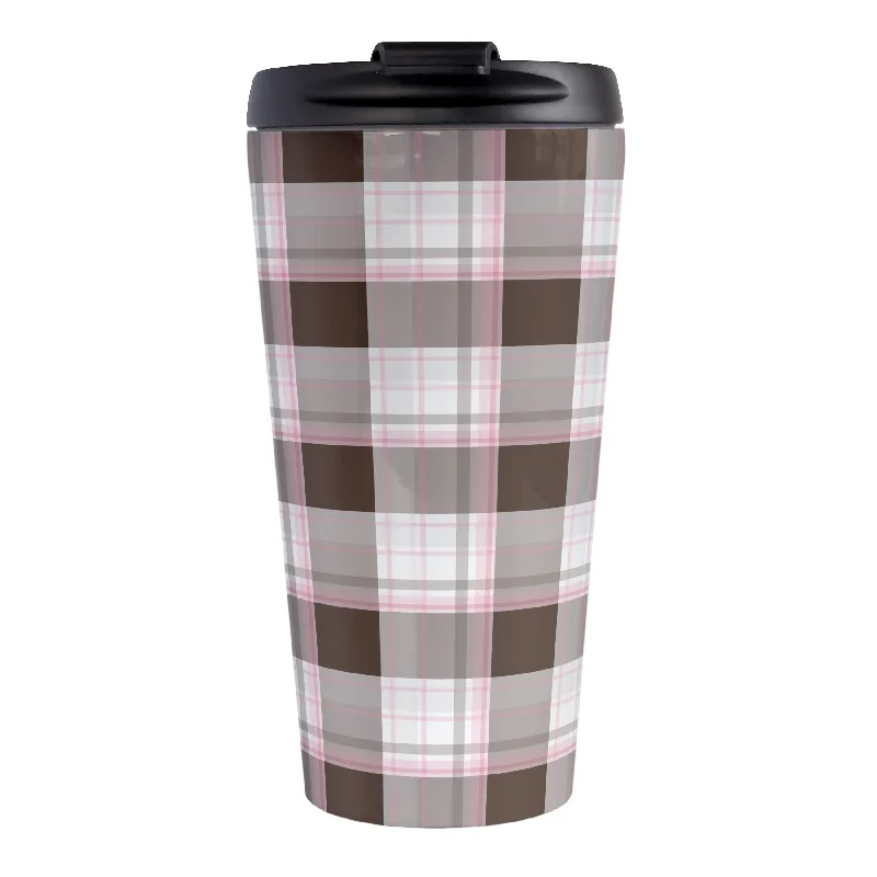 large insulated coffee mug -Brown Pink Plaid Travel Mug