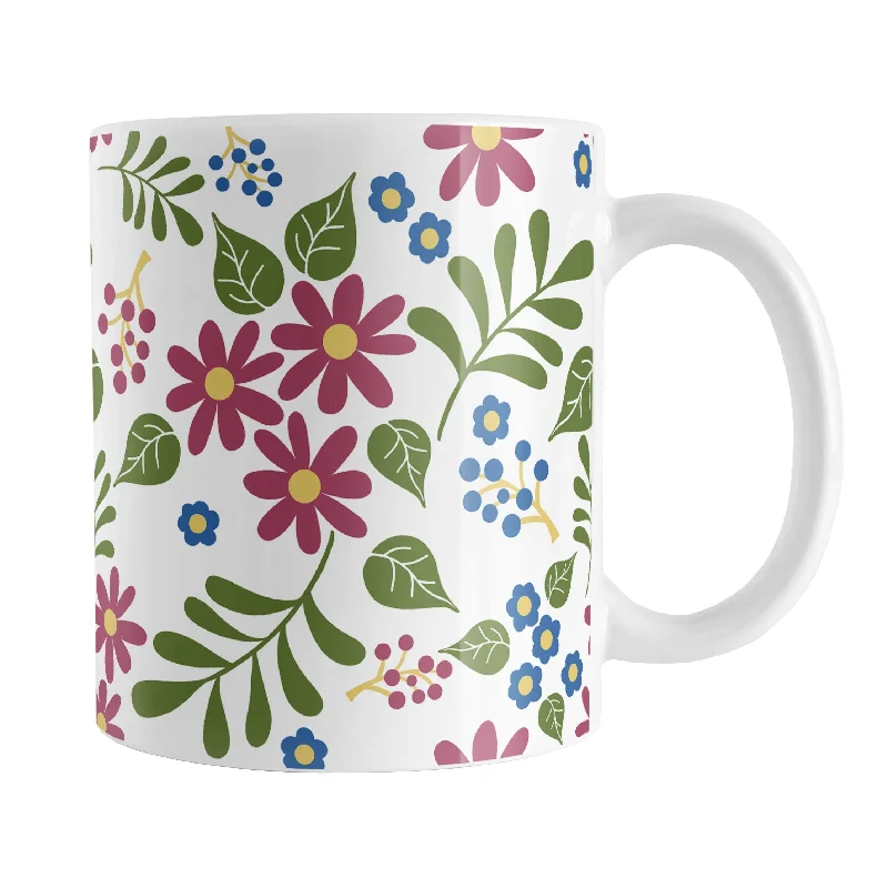 trendy coffee mug -Burgundy Blue Green Flowers Pattern Mug