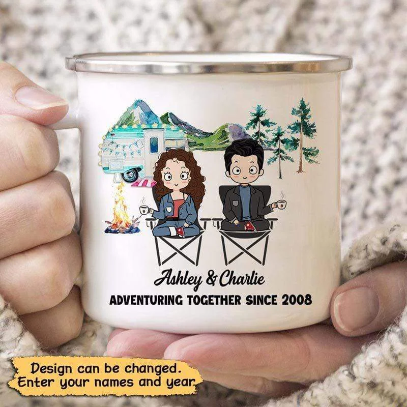 retro coffee mug -Camping Chibi Couple Adventuring Together Personalized Campfire Mug