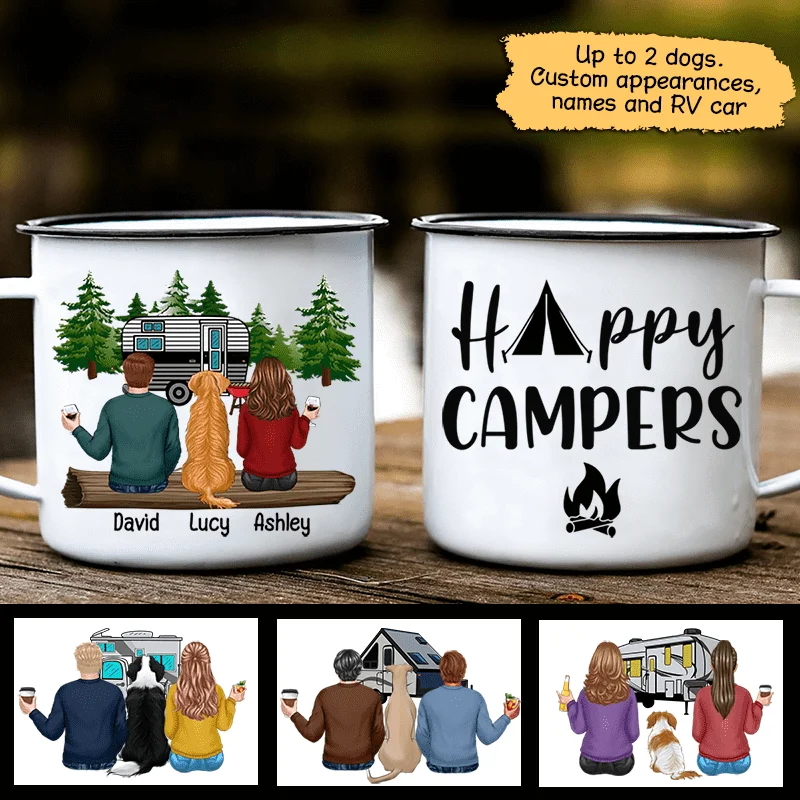 outdoor travel coffee mug -Camping Couple Sitting With Dogs Personalized Campfire Mug