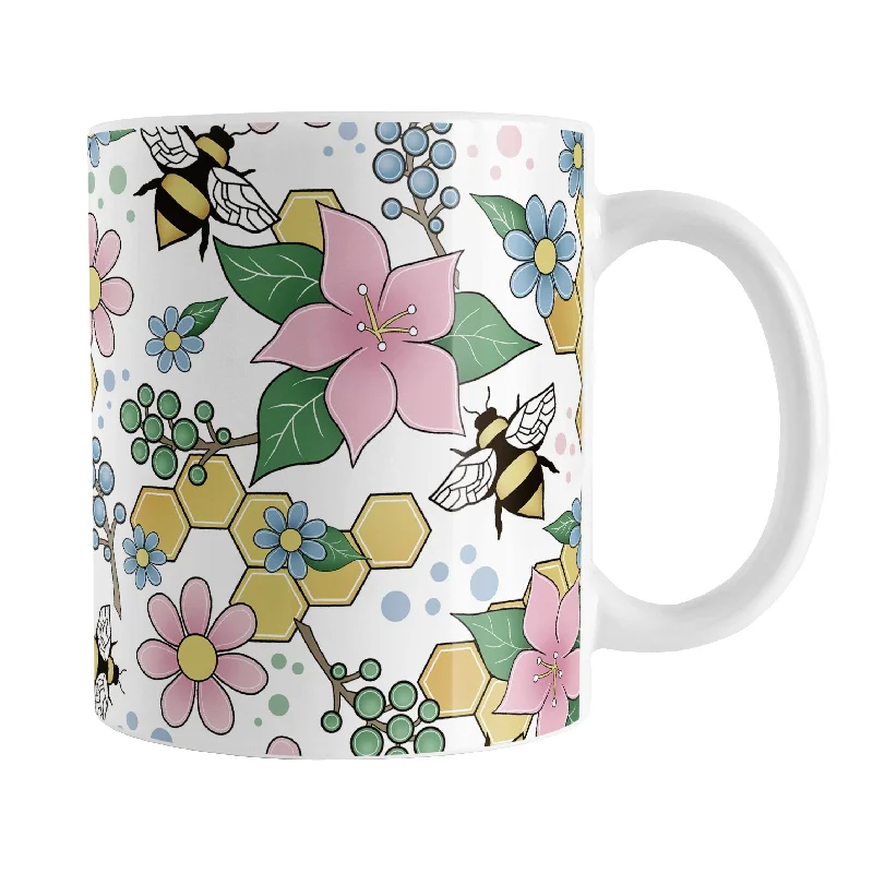 coffee cup with cute design -Colorful Pink Floral Bee Pattern Mug