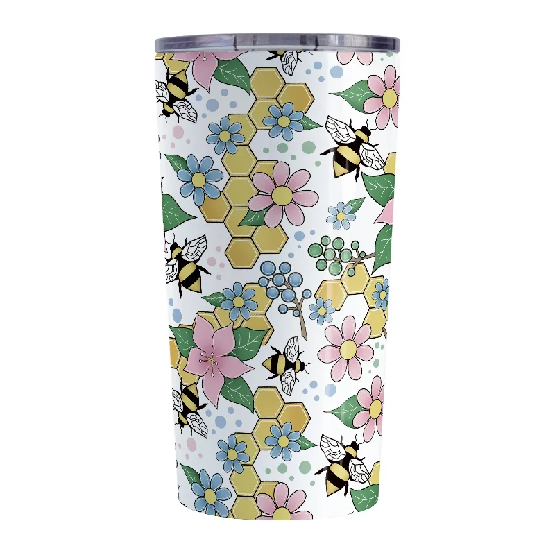 insulated tea mug -Colorful Pink Floral Bee Pattern Tumbler Cup