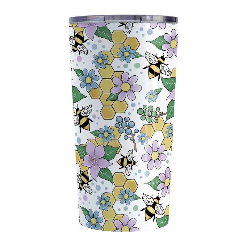 holiday coffee mug -Colorful Purple Floral Bee Pattern Tumbler Cup