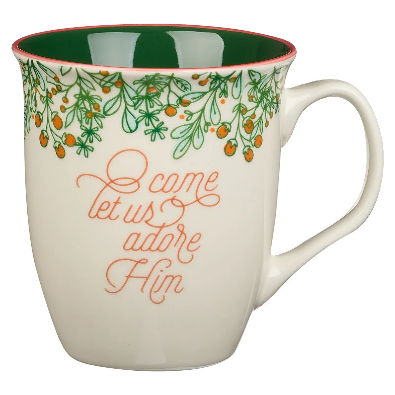 trendy coffee mug -Come Let Us Adore Him Green Interior Ceramic Mug