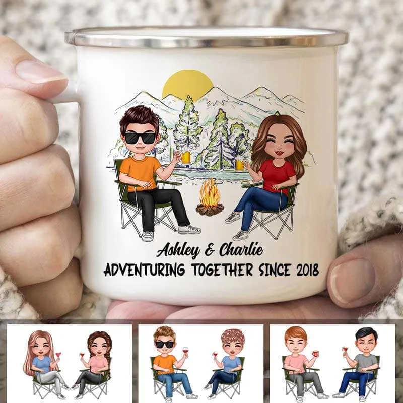 fancy coffee mug -Couple Adventuring Together Sketch Mountain Camping Personalized Campfire Mug