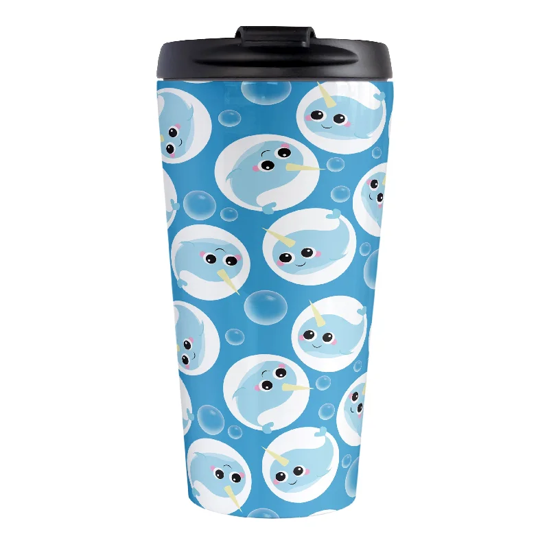 insulated mug for hot beverages -Cute Blue Narwhal Bubble Pattern Travel Mug