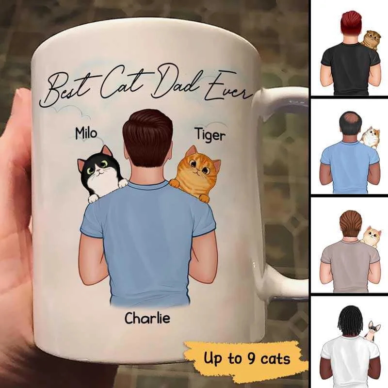 oversized coffee mug -Dad Carrying Fluffy Cats On Shoulder Best Cat Dad Ever Personalized Mug