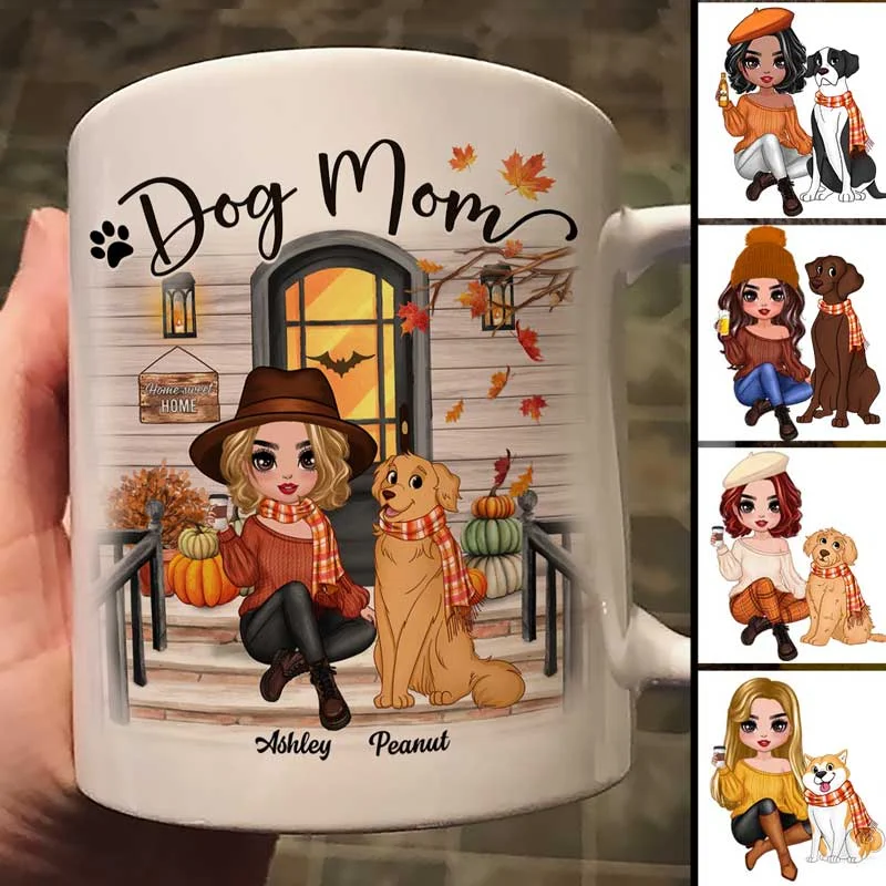 insulated coffee cup with lid -Doll Dog Mom Fall Season Front Porch Personalized Mug