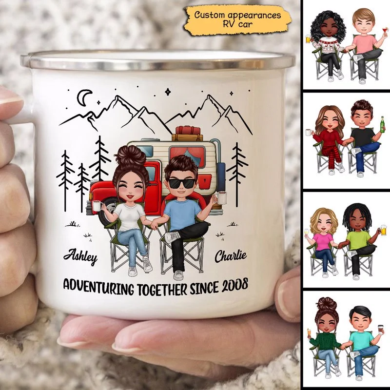 personalized holiday coffee mug -Doll Camping Couple Adventuring Together Since Personalized Campfire Mug