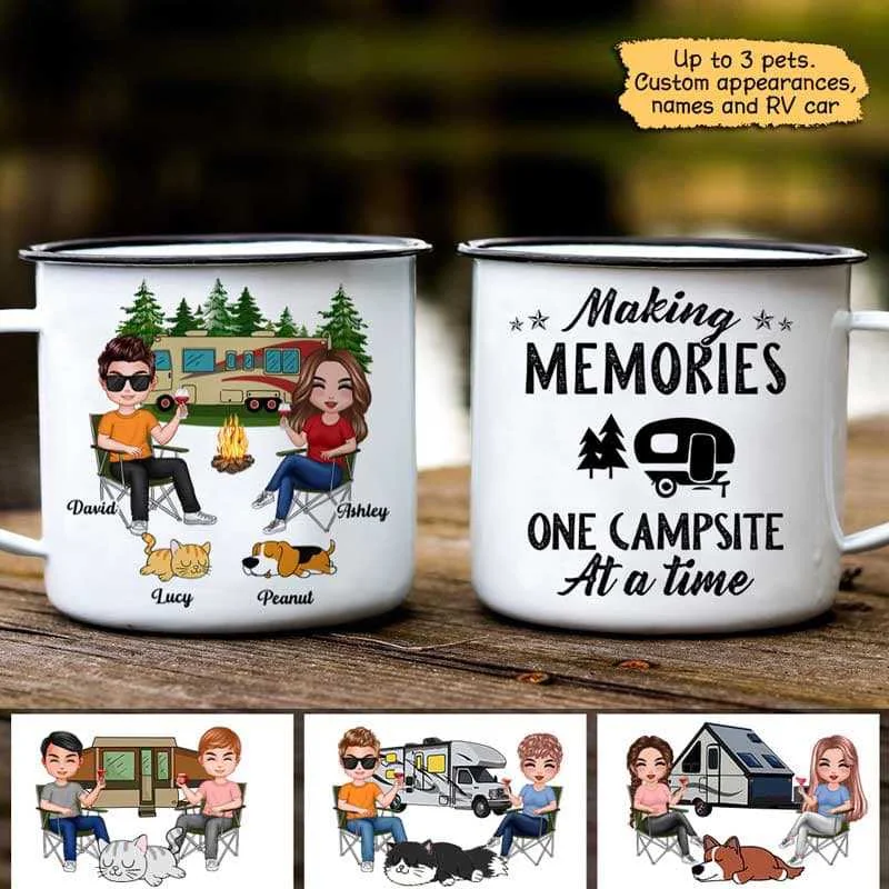 sports-themed coffee mug -Doll Couple Camping With Dogs Cats Personalized Campfire Mug