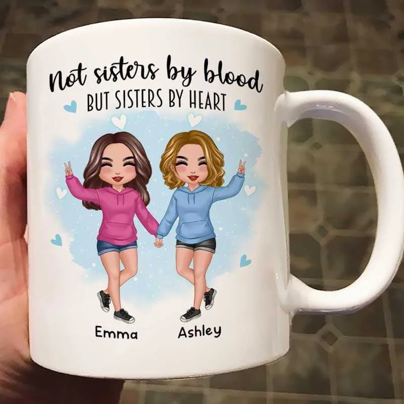 coffee cup with design -Doll Hoodie Besties Not Sisters By Blood Watercolor Personalized Mug