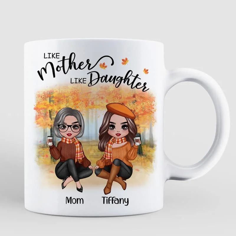 coffee mug with unique design -Fall Season Doll Like Mother Like Daughters Sitting Personalized Mug (11oz)