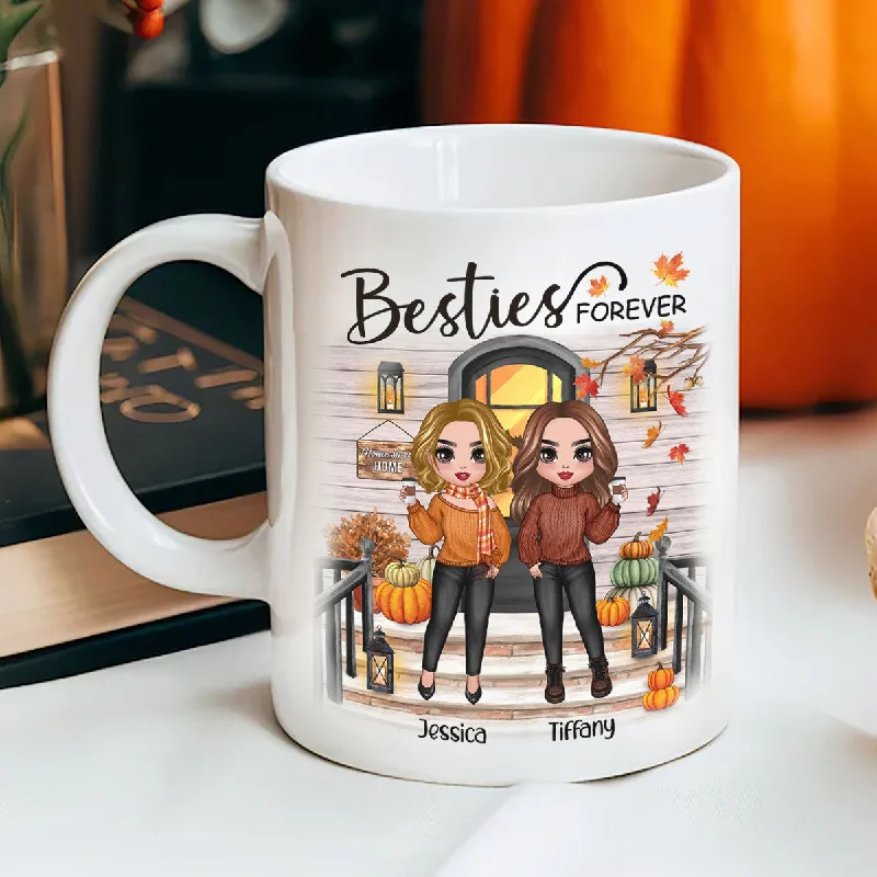 fun design tea mug -Fall Season Standing Best Friends Sisters Front Porch Personalized Mug