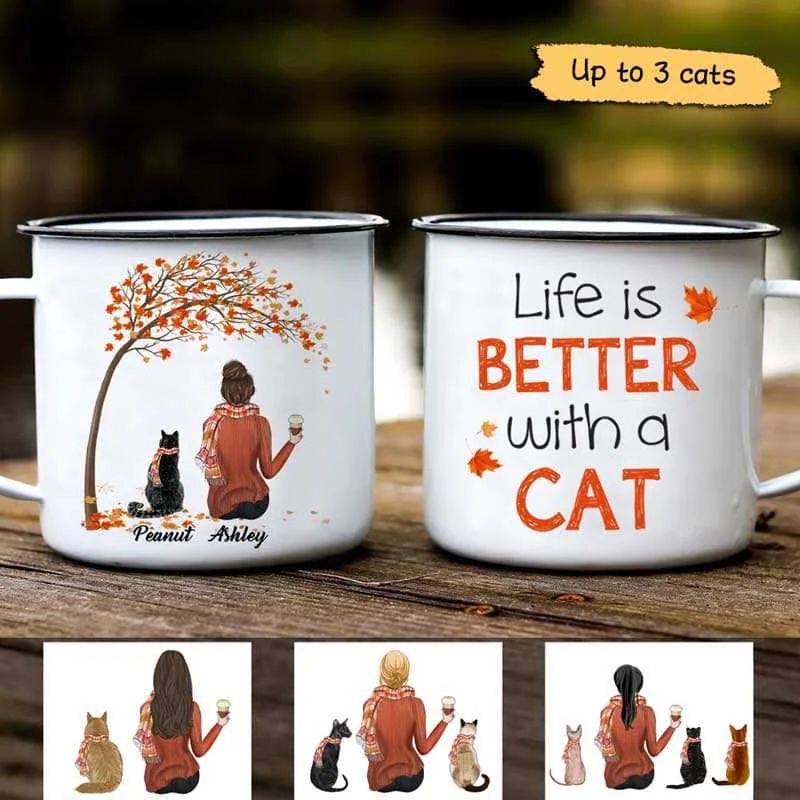 coffee mug with lid -Fall Season Life Is Better With A Cat Personalized Campfire Mug