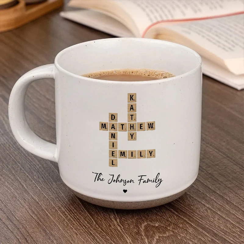 personalized photo mug -Family Crossword Art Personalized Pottery Mug, Created In A Moment, Treasured Forever