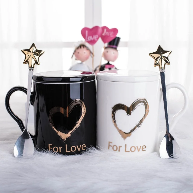 eco-friendly tea mug -Fashion Cute Couple Loving Heart Ceramics Mugs Black and White Cups Office Coffee Tea Milk Mug Friend Gift Cup with Star Spoon