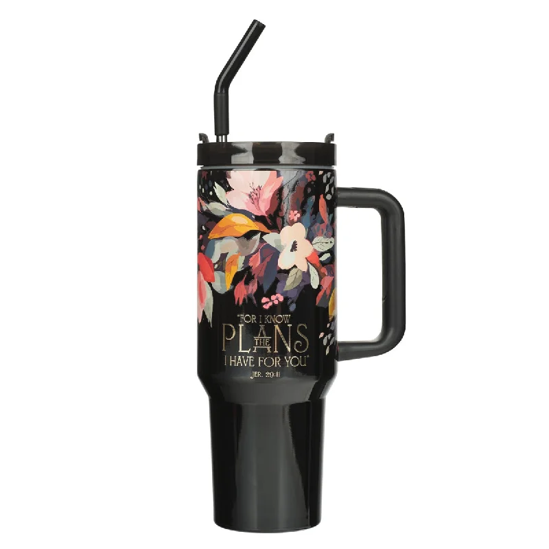 coffee mug with unique design -For I Know the Plans Large Stainless Steel Travel Mug with Handle and Straw