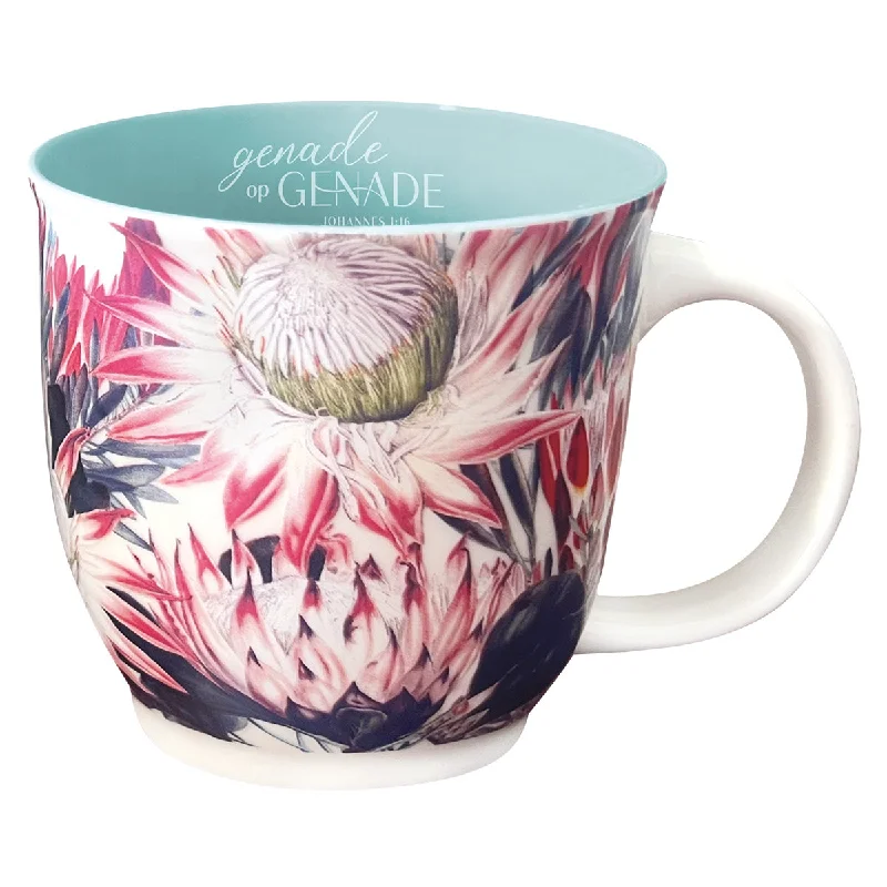 hot coffee mug -Genade Op Genade Afrikaans Protea Ceramic Mug - Johannes 1:16