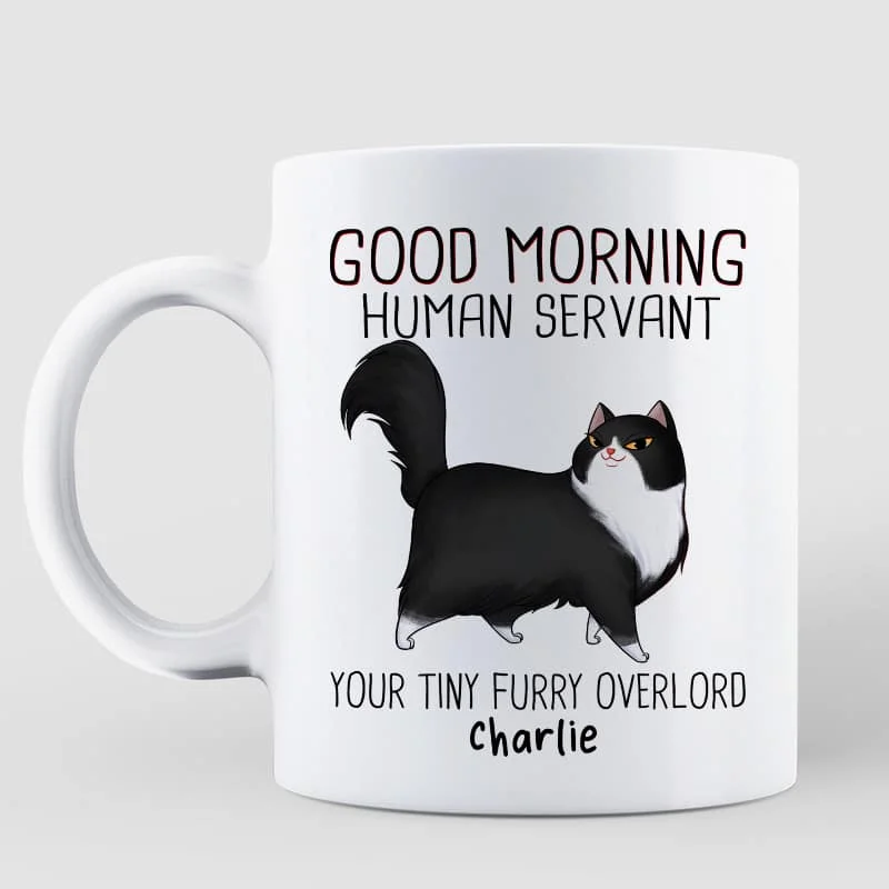 double-walled coffee mug -Good Morning Human Servant Cartoon Walking Cat Personalized Mug (11oz)