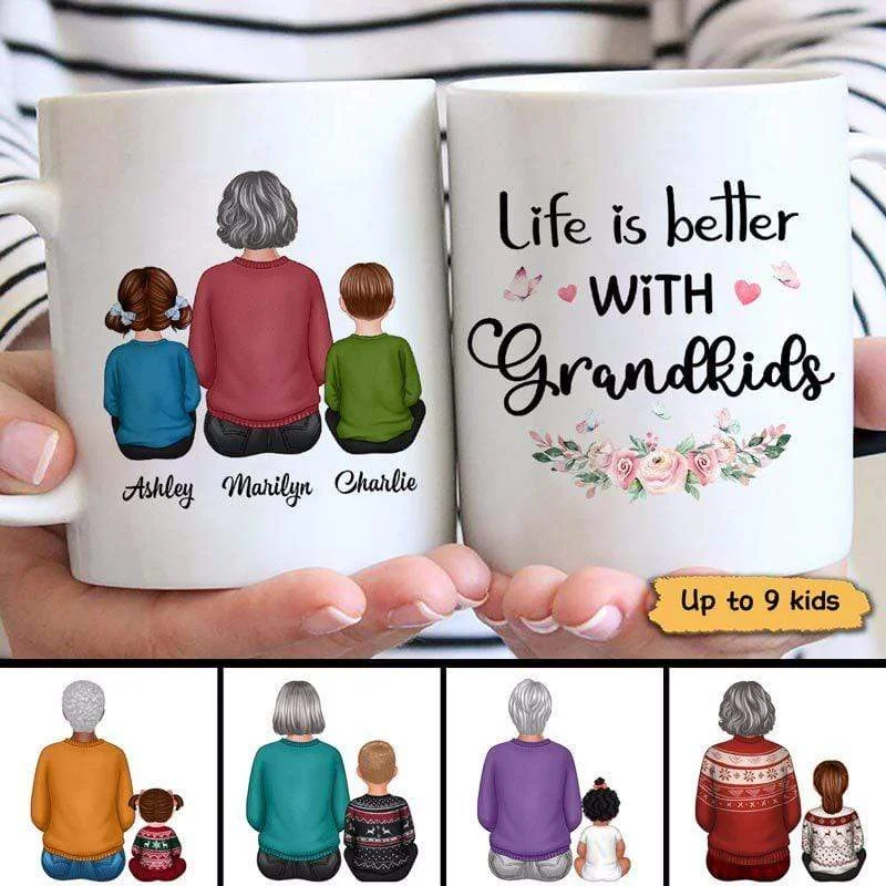 holiday coffee mug -Grandma Grandkids Sitting Back View Personalized Mug